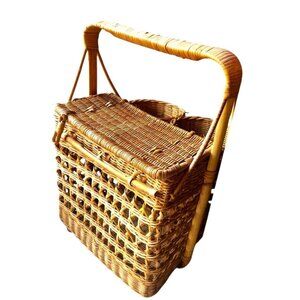 Vintage Handwoven Rattan Bottle Holder Caddy With Bamboo Handle